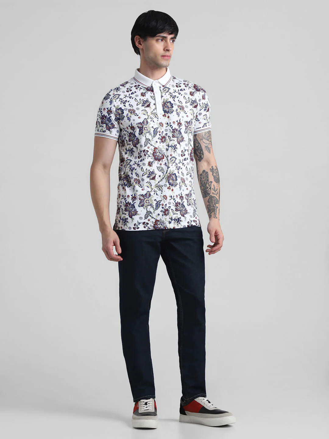 White Floral Print Polo T-shirt - Image 6