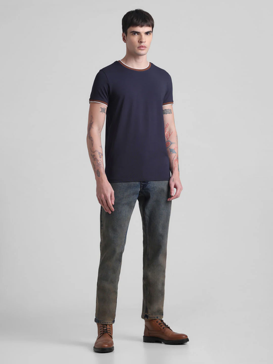 Blue Contrast Tipping Crew Neck T-shirt - Image 6