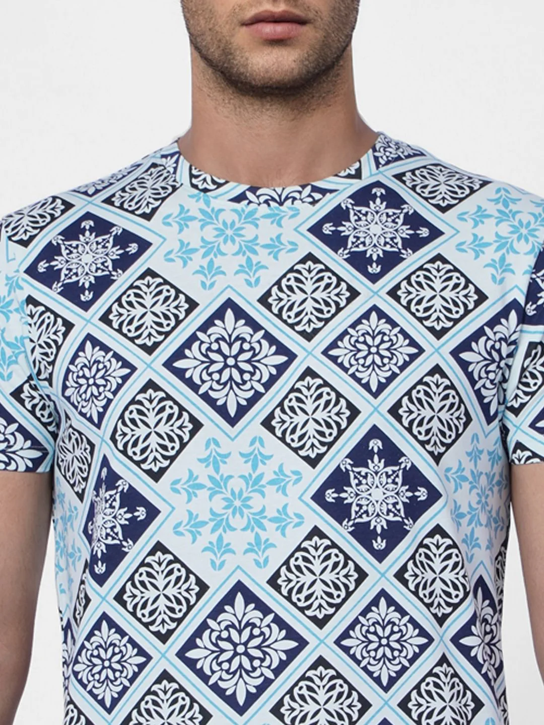 Blue Abstract Print Crew Neck T-shirt - Image 5