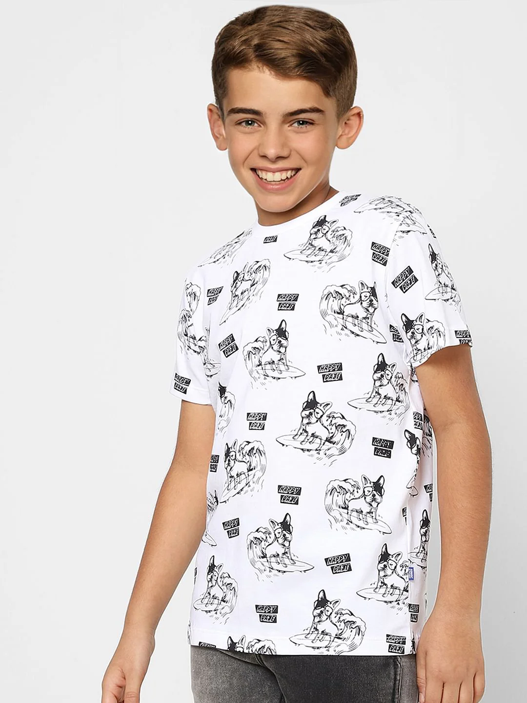 Boys White Printed Crew Neck T-shirt - Image 3