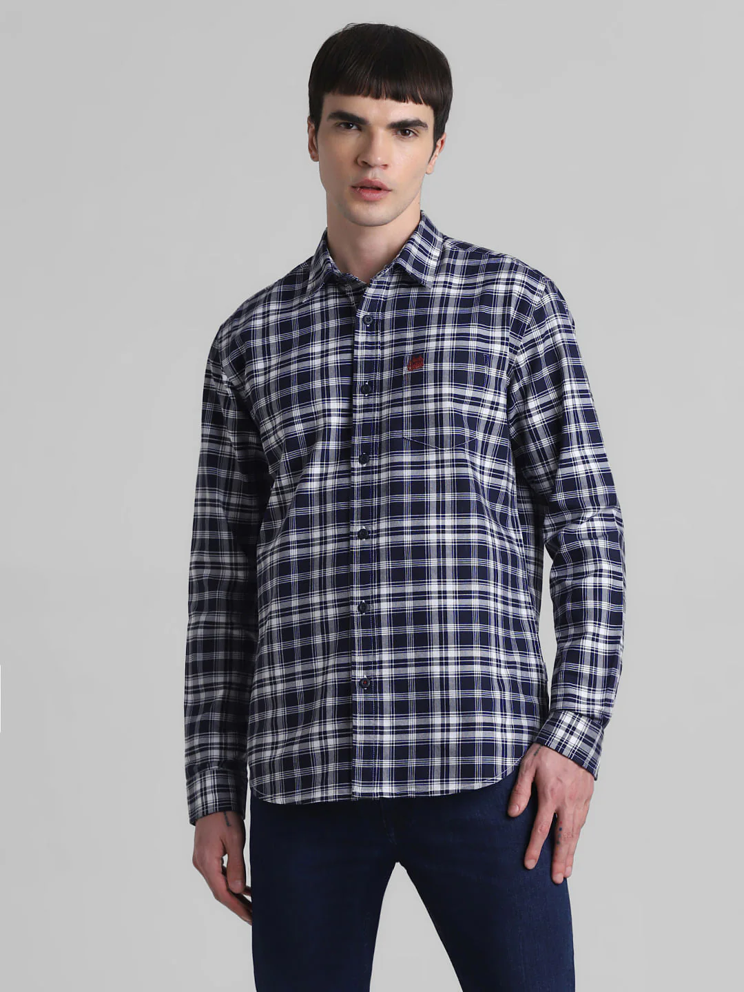 Navy Blue Check Print Full Sleeves Shirt - Image 2