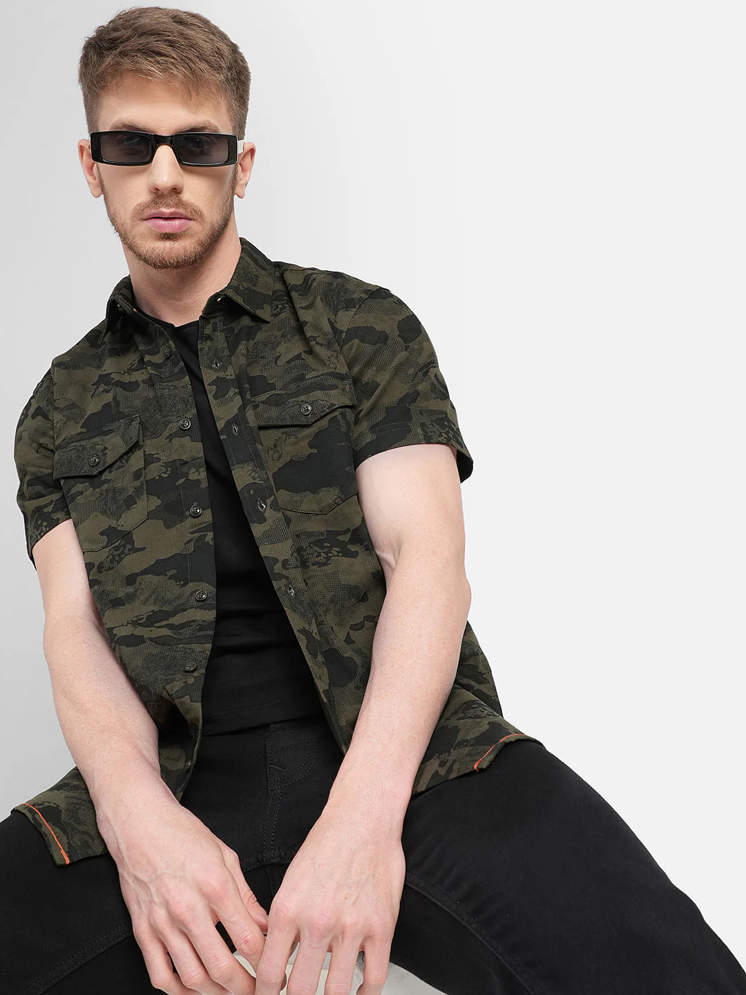Green Camo Print Short Sleeves Shirt