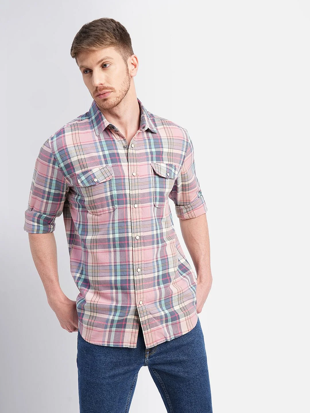 Pink Check Print Full Sleeves Shirt - Image 2