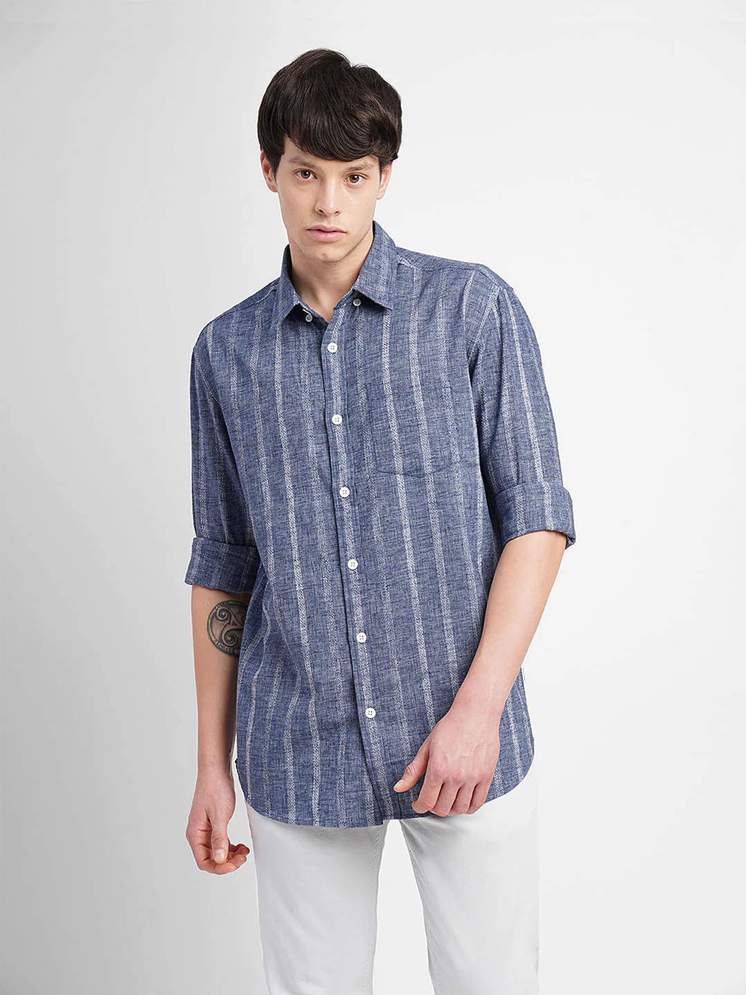 Dark Blue Striped Full Sleeves Shirt - Image 2