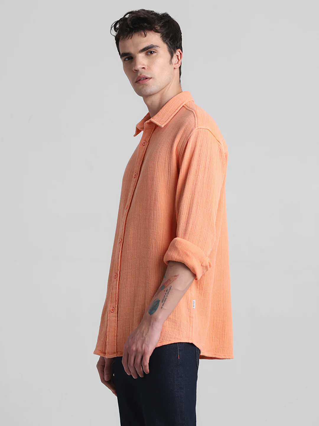 Men Orange Self Design Cotton Regular Fit Casual Shirt - Image 3