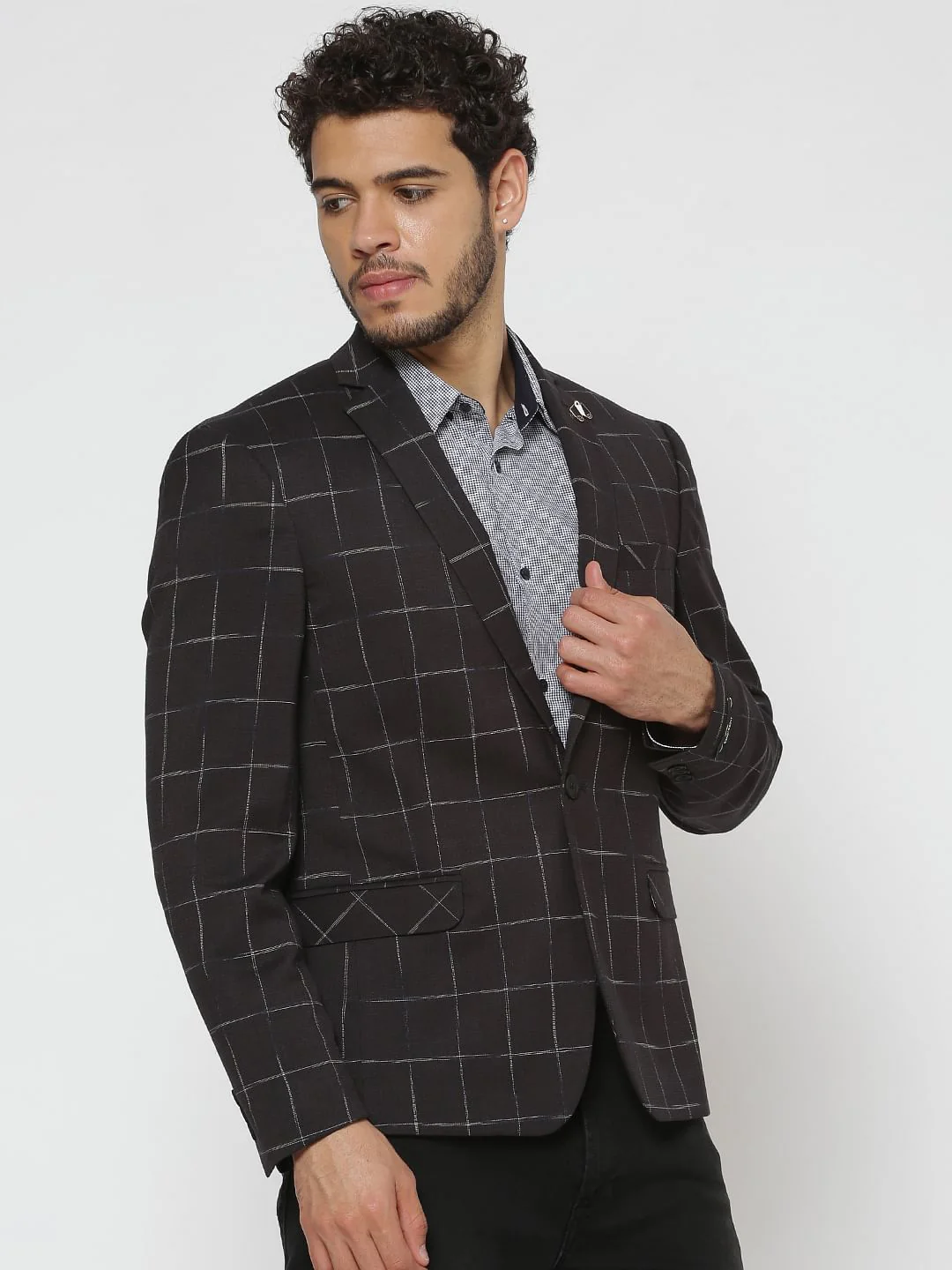 Black Checks Double Button Linen Blazer - Image 2
