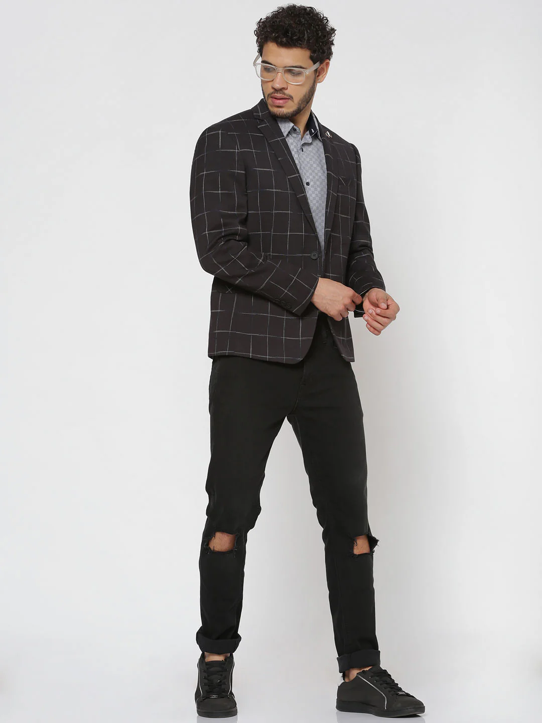 Black Checks Double Button Linen Blazer - Image 6