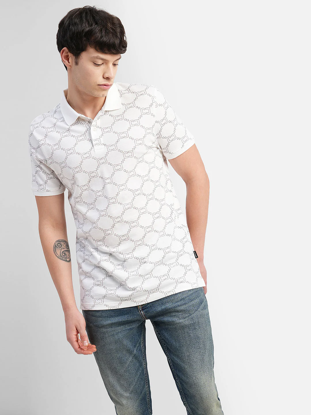 White All Over Print Polo Neck T-shirt - Image 2