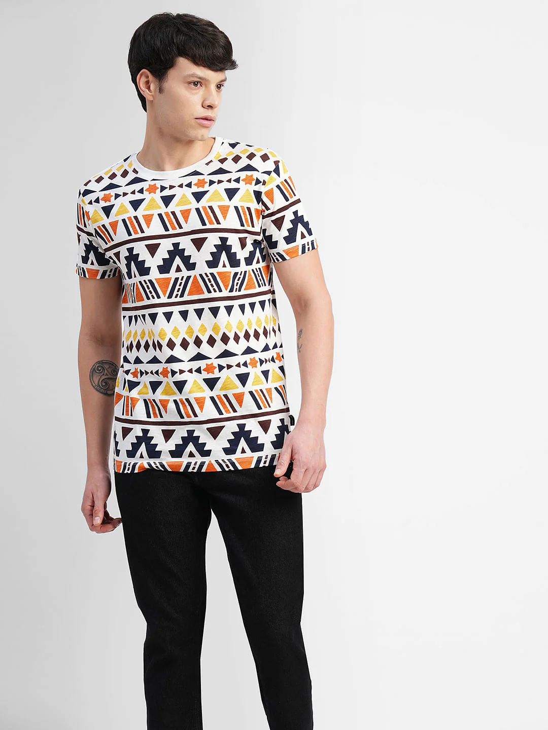 White Abstract Print Crew Neck T-shirt - Image 2