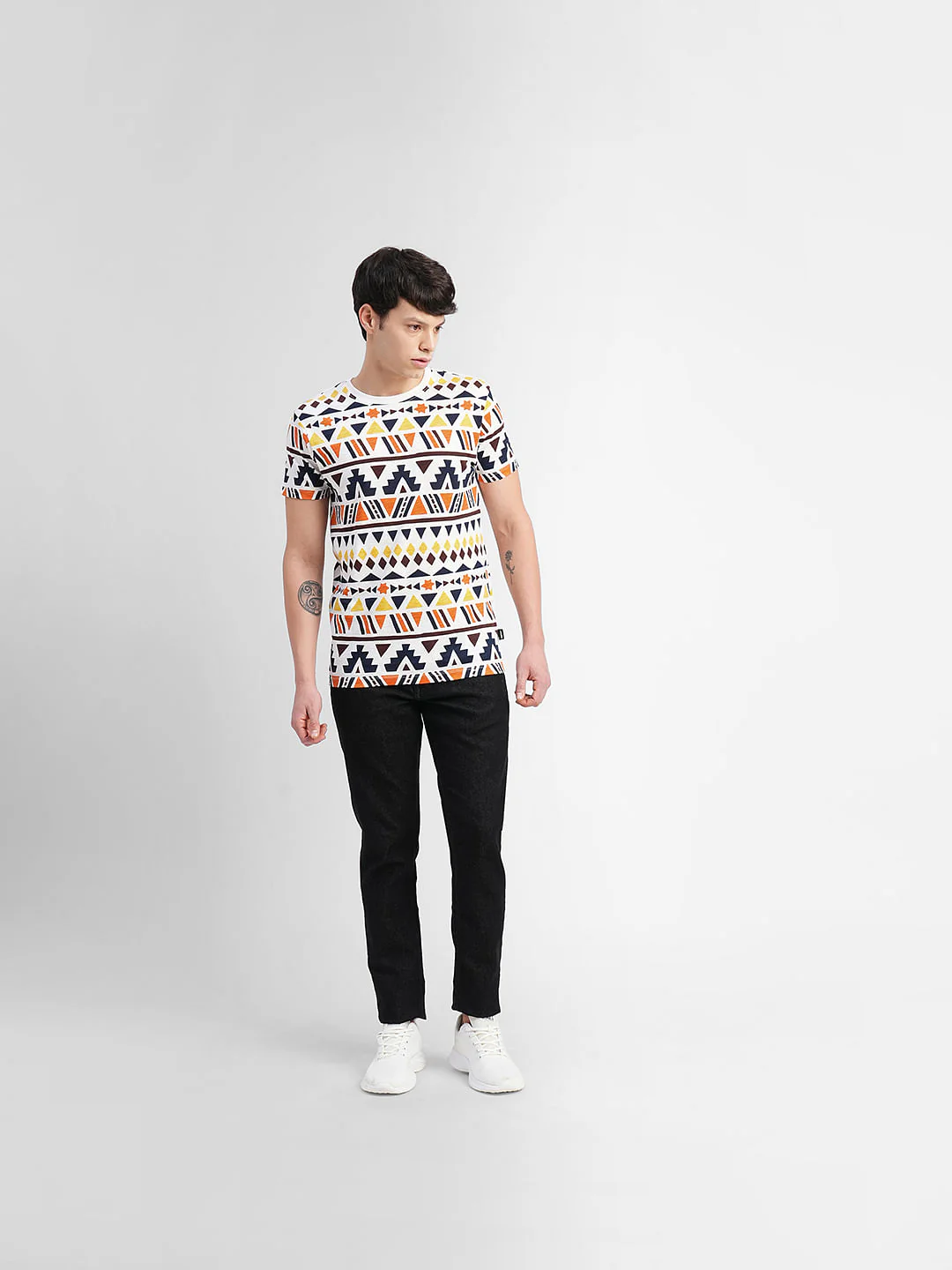White Abstract Print Crew Neck T-shirt - Image 6