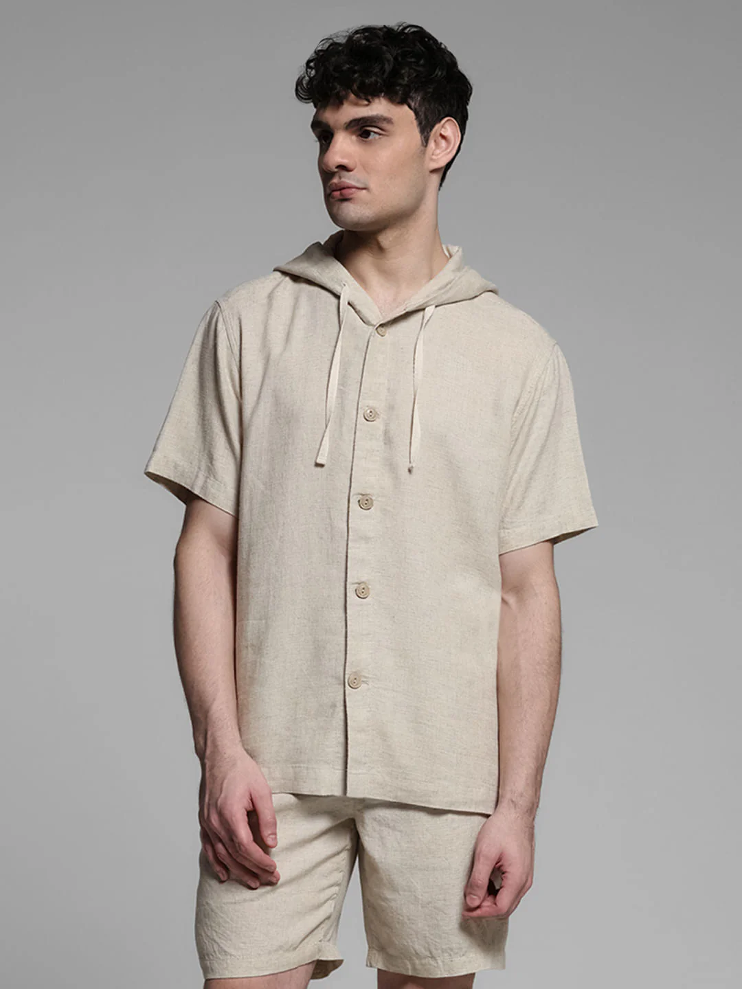 Beige Hooded Co-ord Set Shirt - Image 2