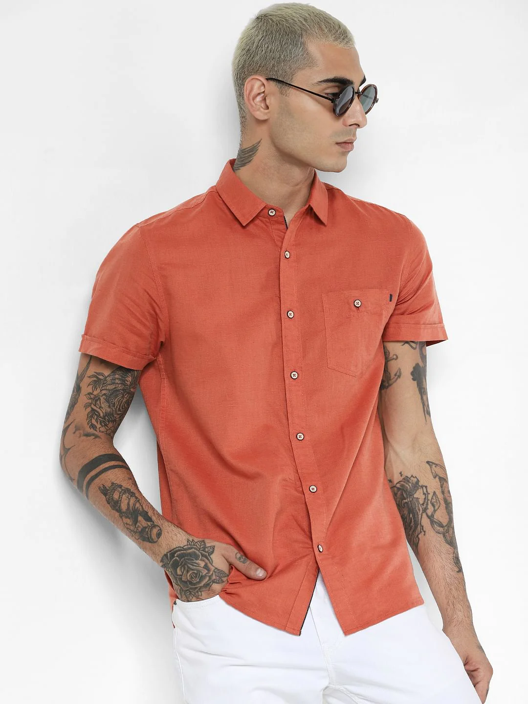 Rust Linen Short Sleeves Shirt