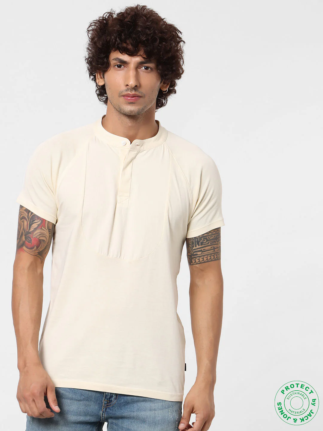 White Short Sleeves Henley Neck T-shirt