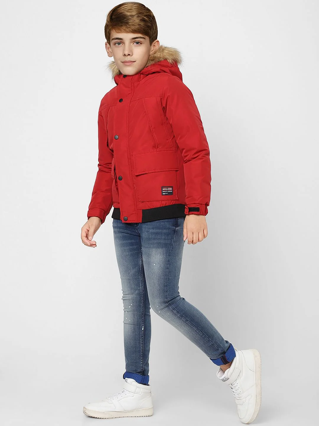 Boys Red Faux Fur Hooded Winter Jacket