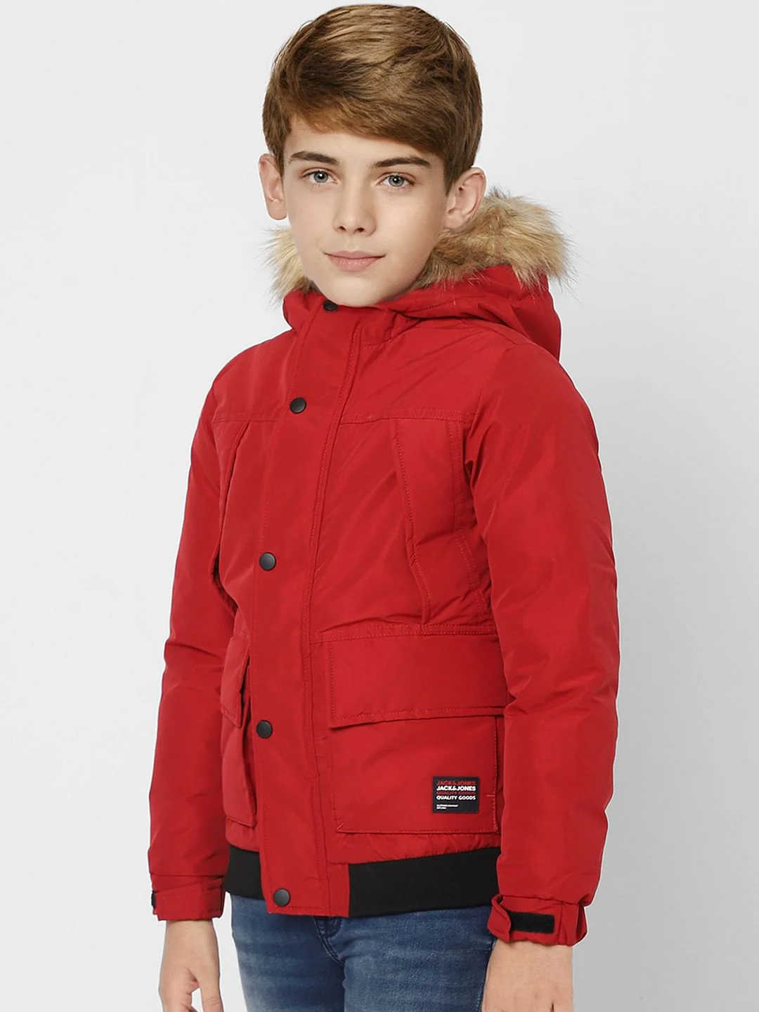 Boys Red Faux Fur Hooded Winter Jacket - Image 2