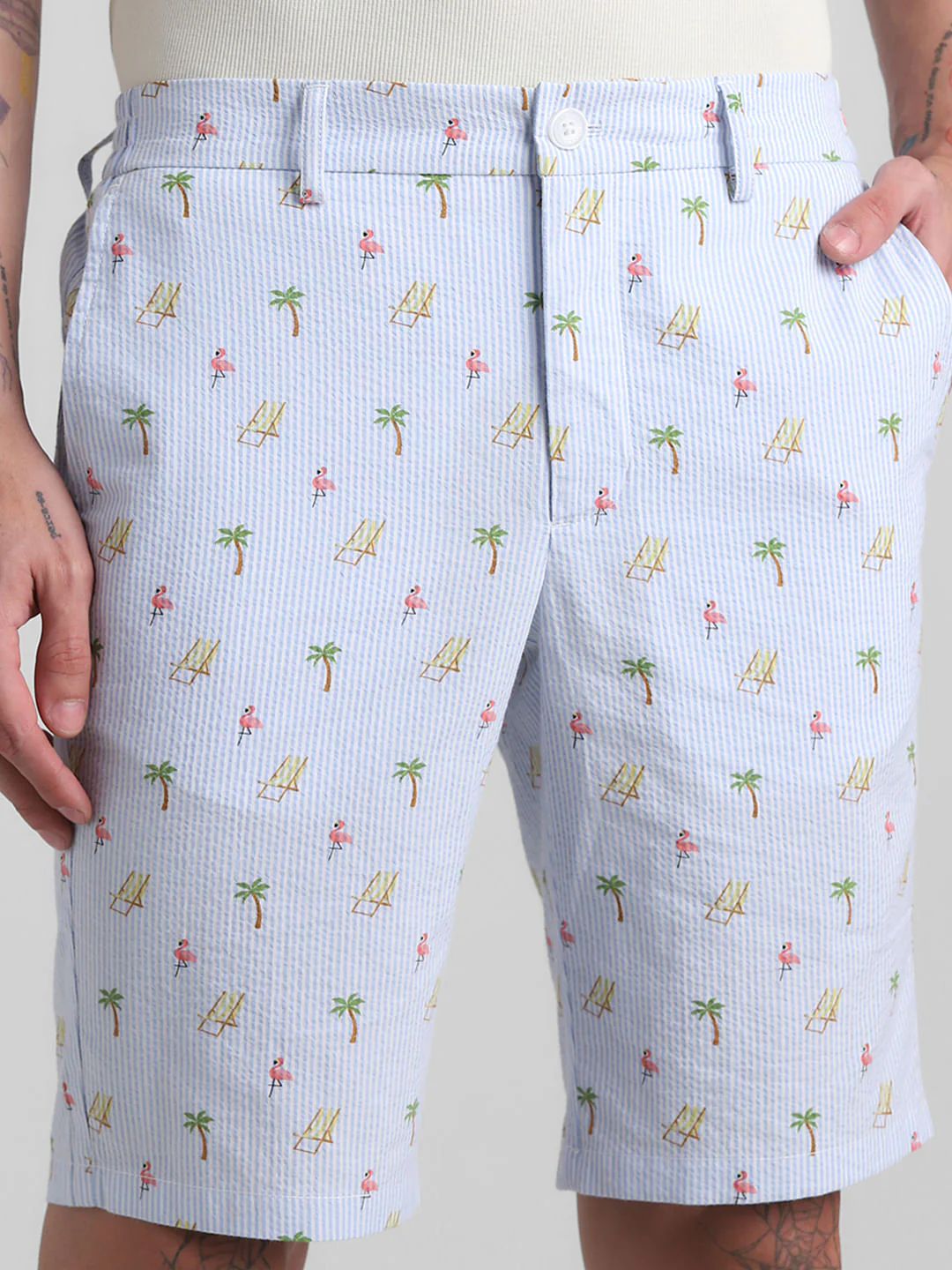 Blue Mid Rise Seersucker Shorts - Image 4