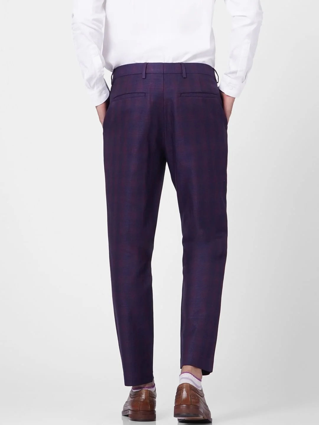 Purple Mid Rise Check Linen Trousers - Image 4