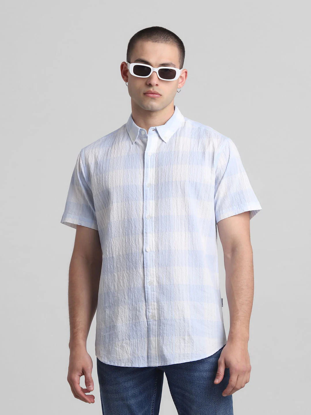 Light Blue Check Short Sleeves Shirt