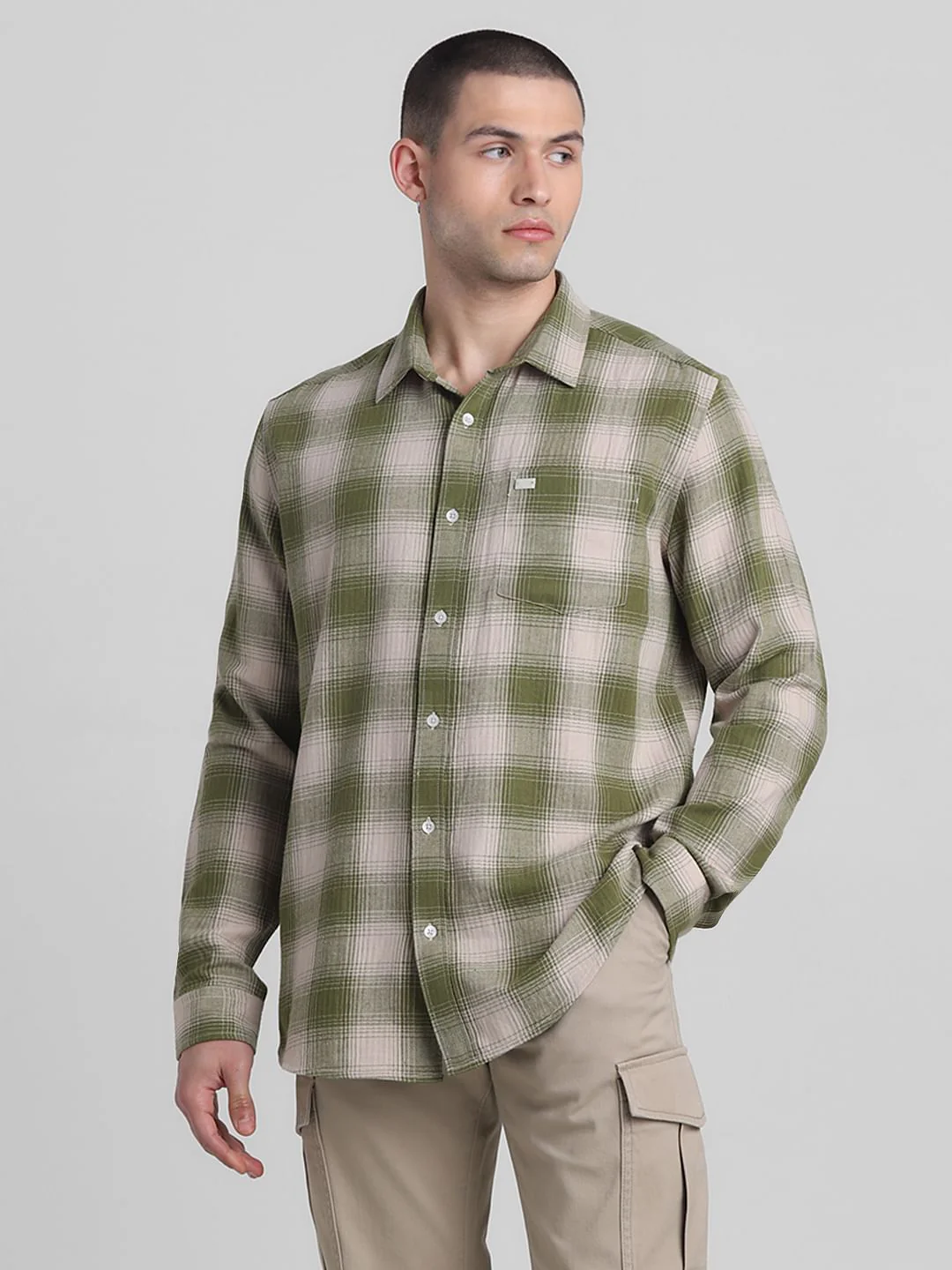 Green Cotton Check Full Sleeves Shirt - Image 2