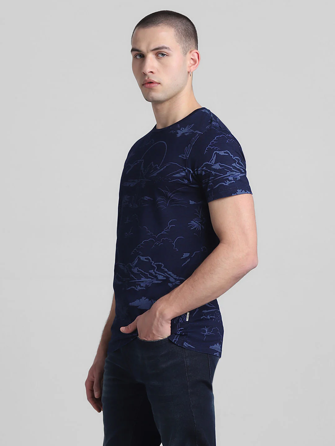 Dark Blue Printed Crew Neck T-shirt - Image 3