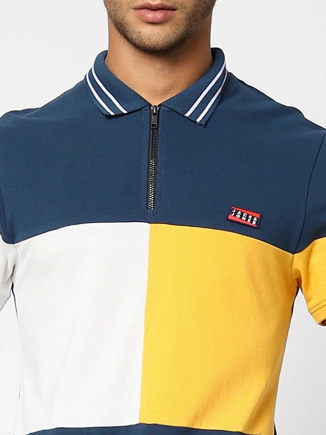 Blue Colourblocked Polo Neck T-shirt - Image 5