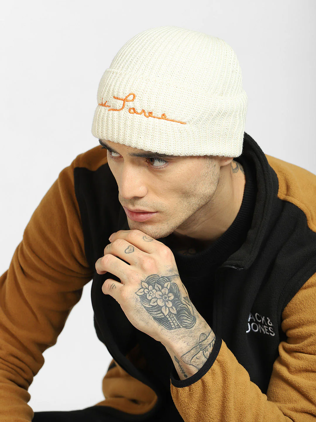 Cream Logo Print Beanie