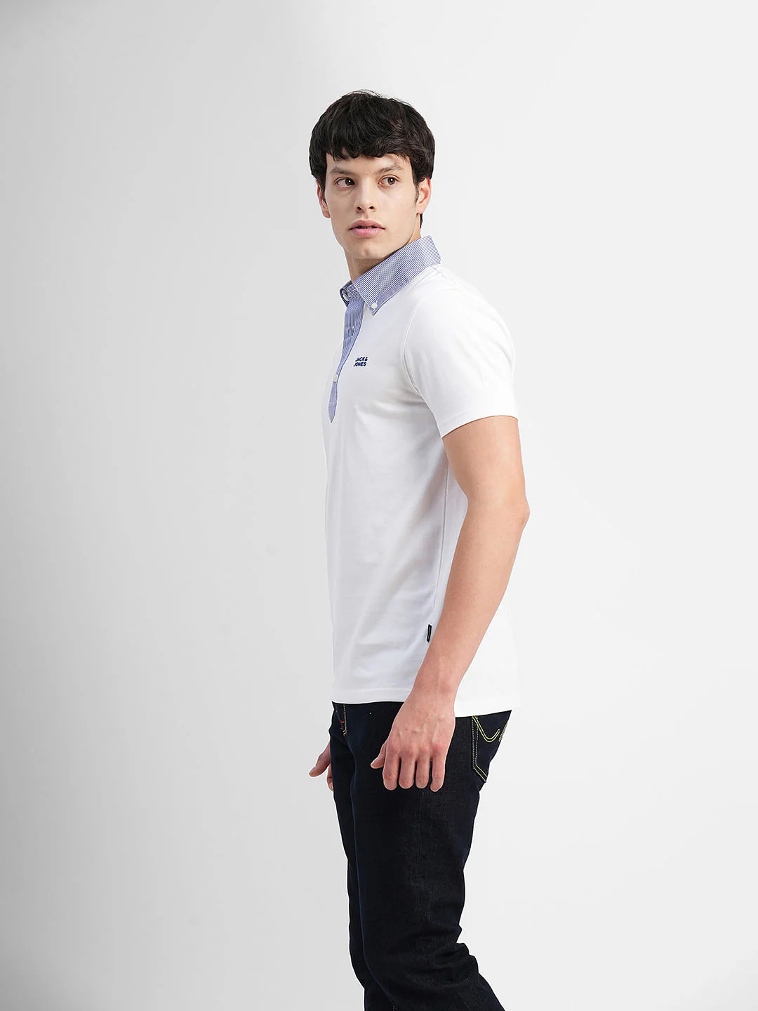 White Striped Collar Polo T-shirt - Image 3