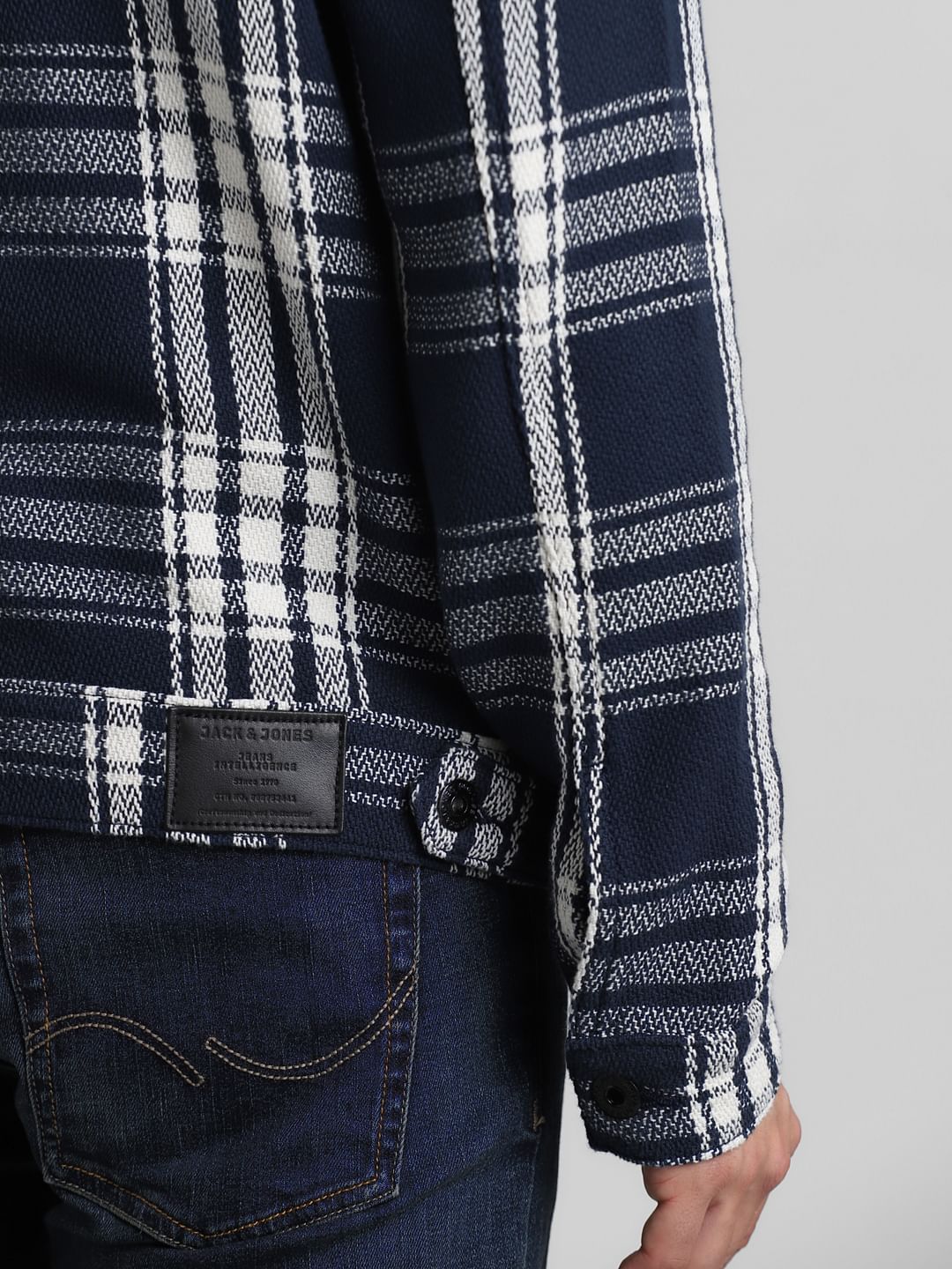 Navy Blue Check Cotton Jacket - Image 6