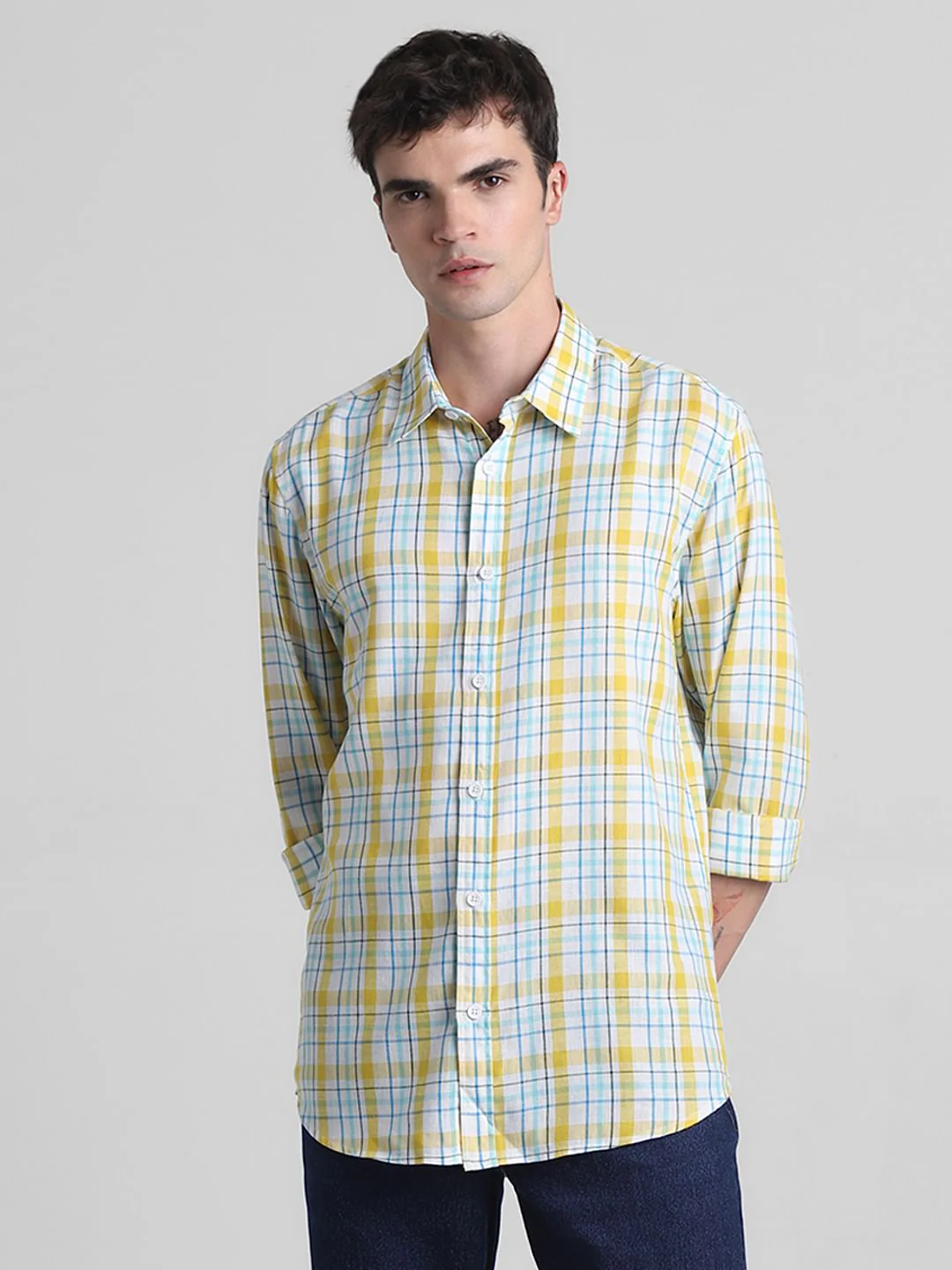 Yellow & Blue Check Full Sleeves Shirt - Image 2