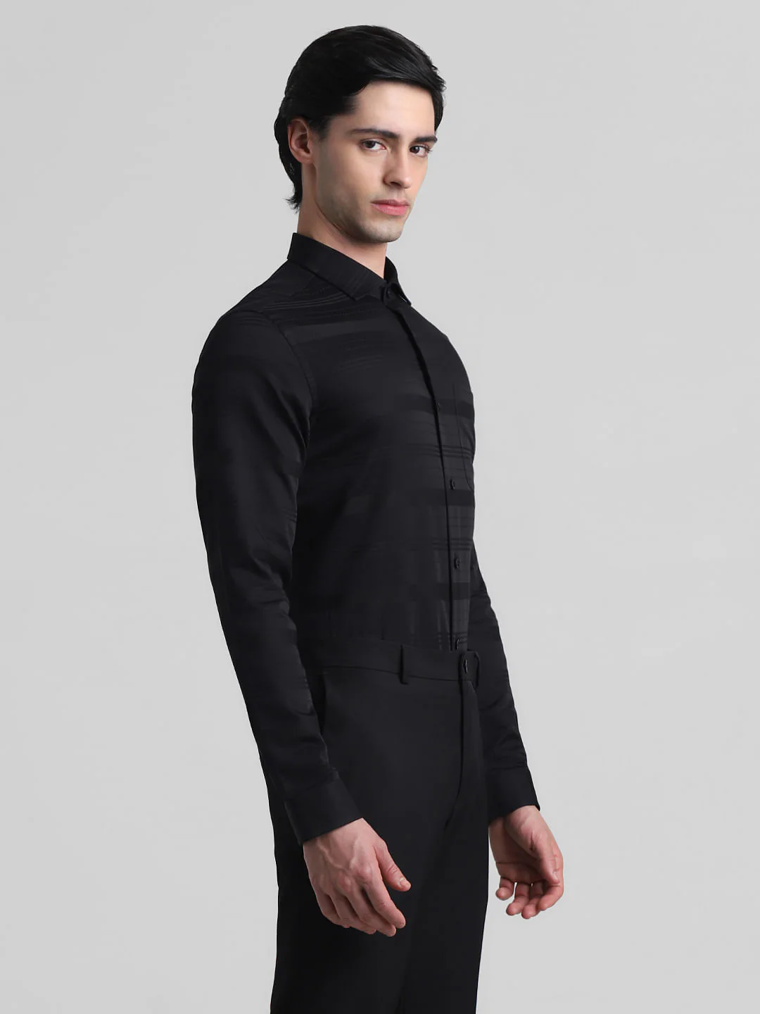 Black Dobby Striped Full Sleeves Shirt - Image 3