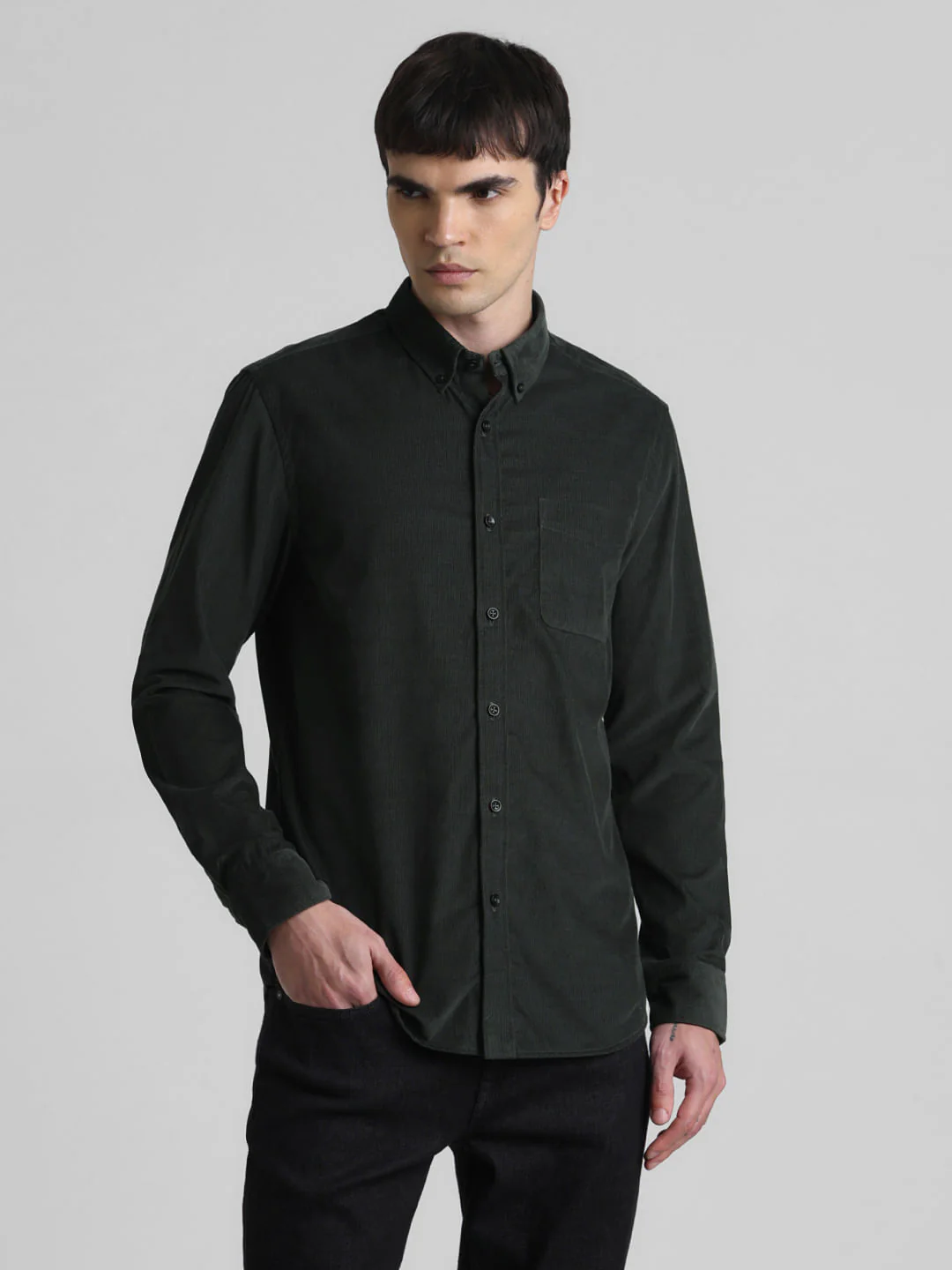 Dark Green Corduroy Full Sleeves Shirt - Image 2