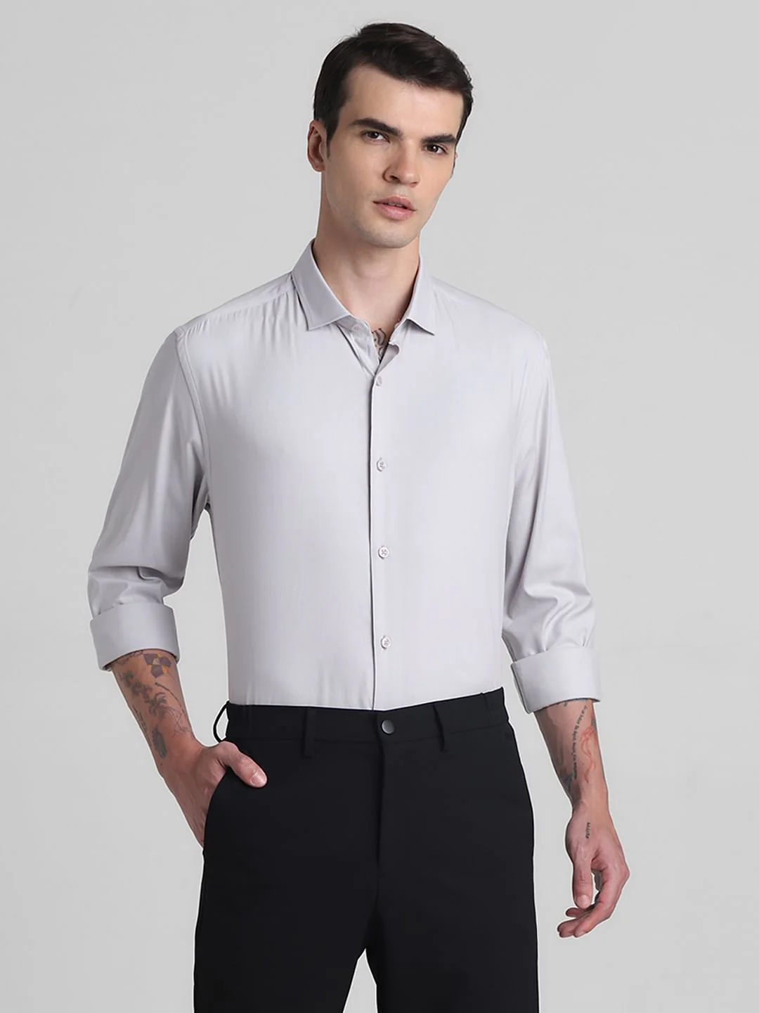 Light Grey Cotton Full Sleeves Shirt - Image 2