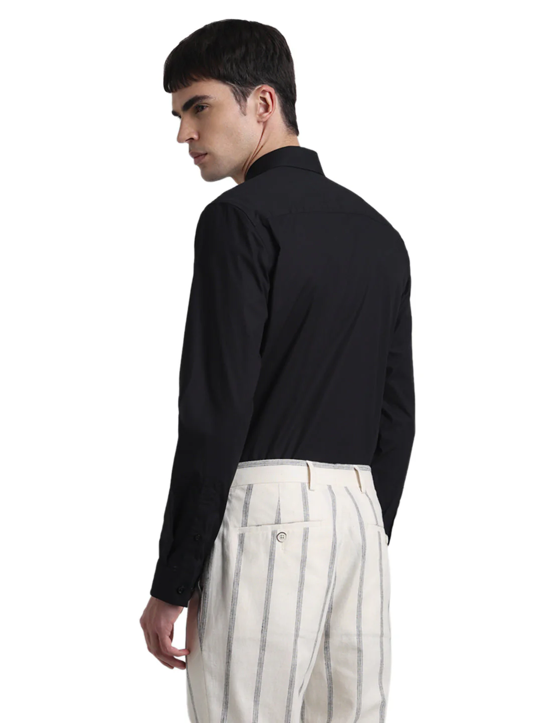 Men's Black Solid Slim Fit Cotton Stretch Poplin Shirt - Image 4
