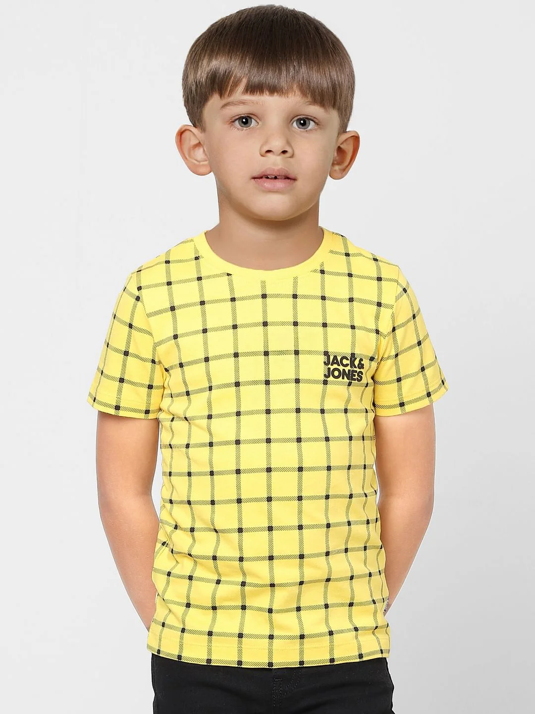 Boys Yellow Check Crew Neck T-shirt - Image 2
