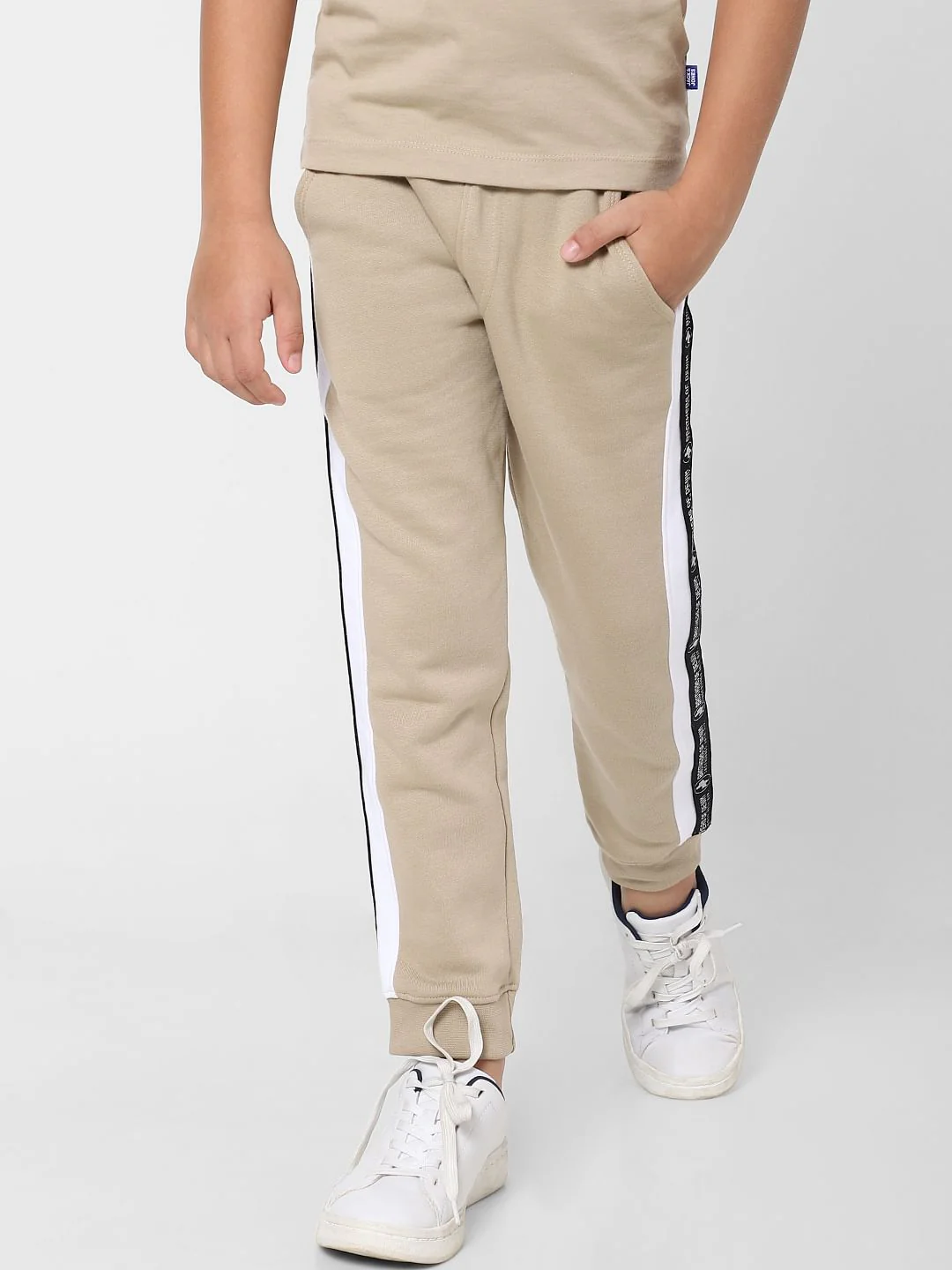Boys Beige Mid Rise Tape Detail Sweatpants - Image 2