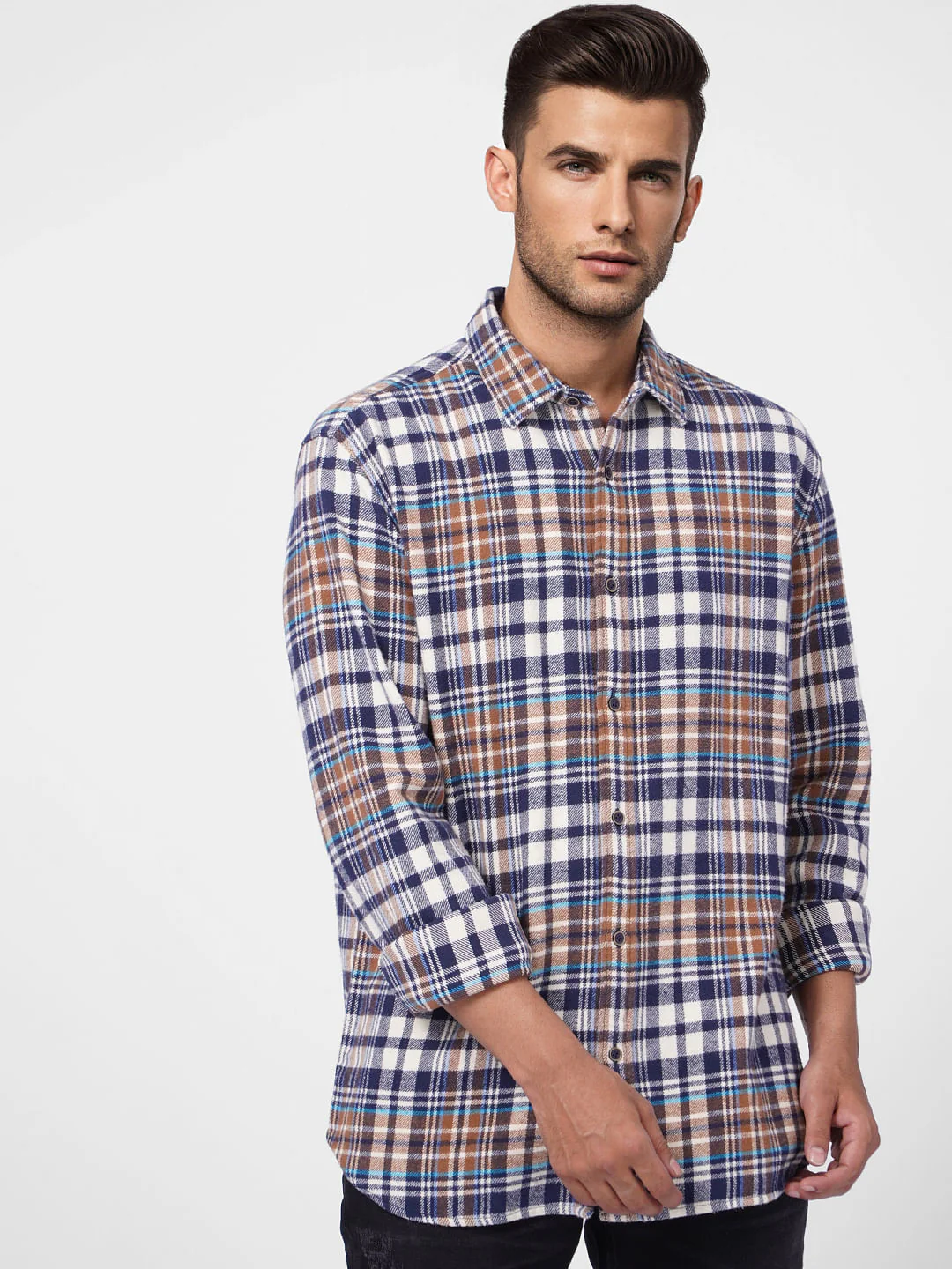 Beige Check Print Full Sleeves Shirt - Image 2