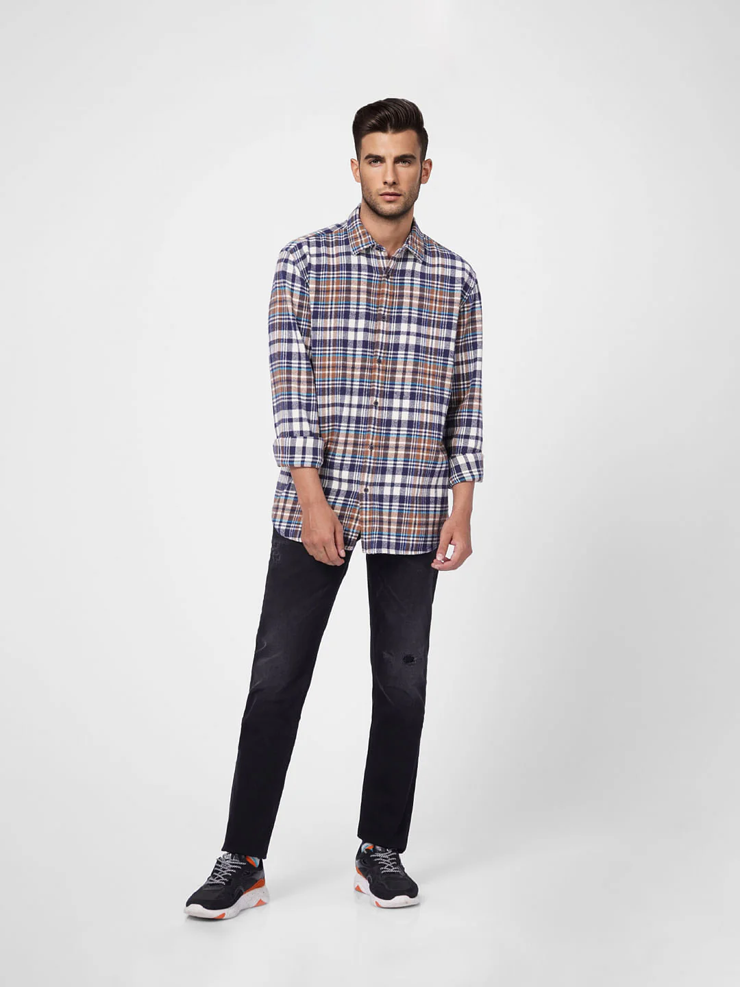 Beige Check Print Full Sleeves Shirt - Image 6