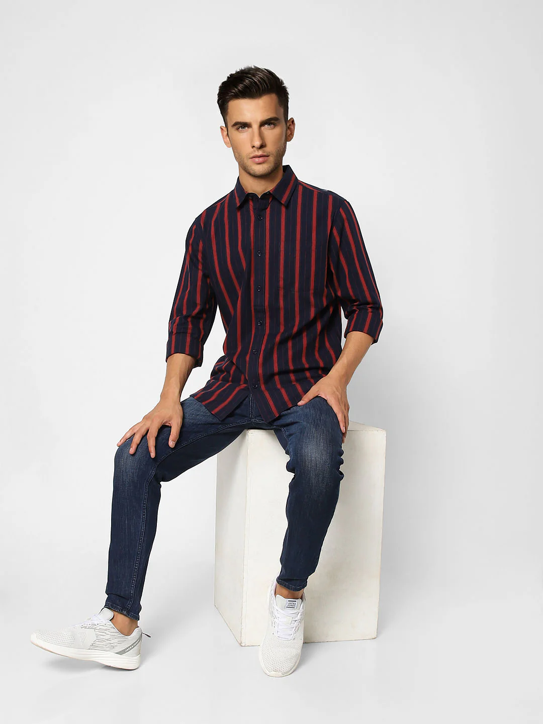 Dark Blue Striped Full Sleeves Shirt