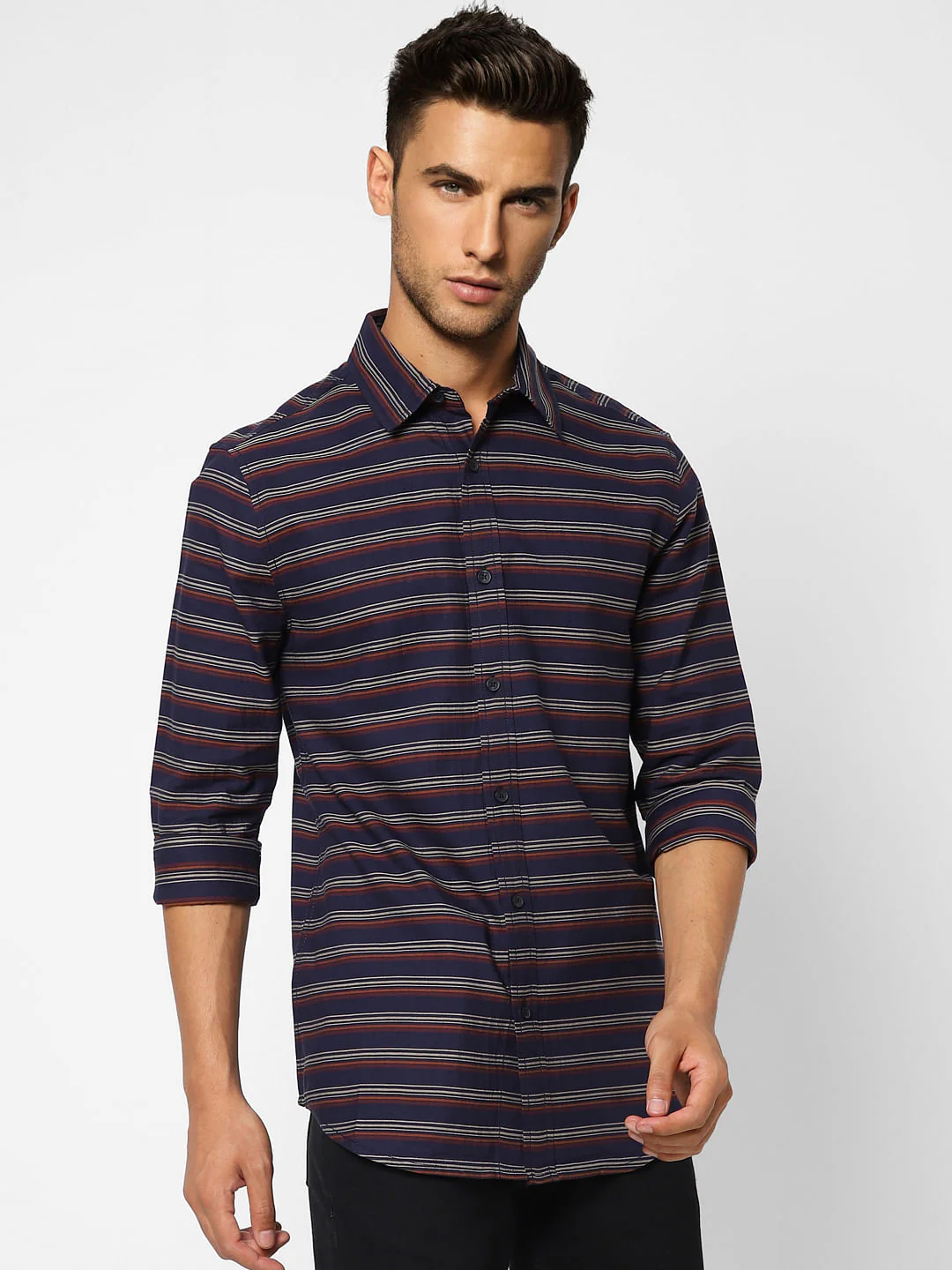 Navy Blue Striped Full Sleeves Shirt - Image 2