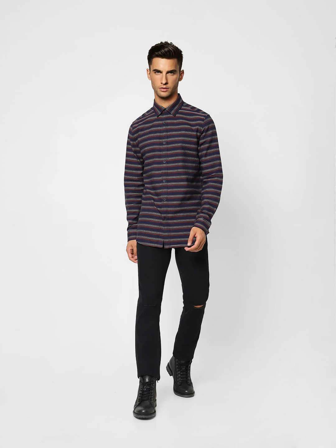 Navy Blue Striped Full Sleeves Shirt - Image 6