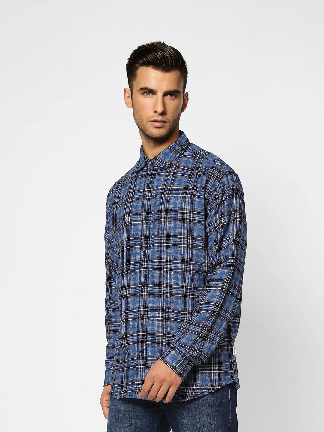 Dark Blue Check Print Full Sleeves Shirt - Image 3