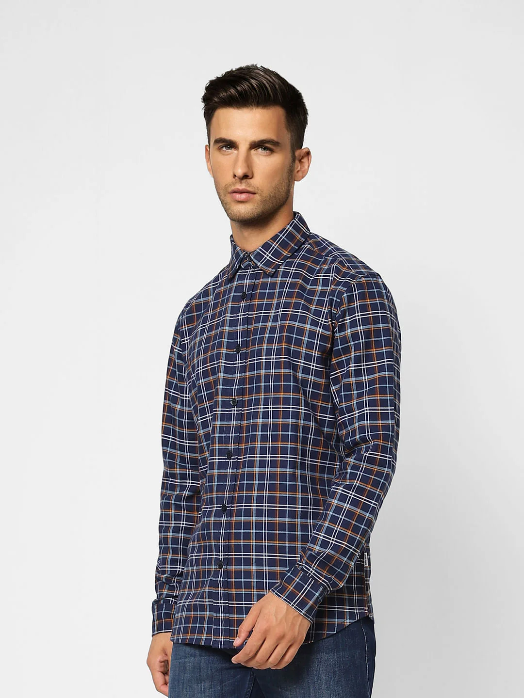 Navy Blue Check Print Full Sleeves Shirt - Image 3