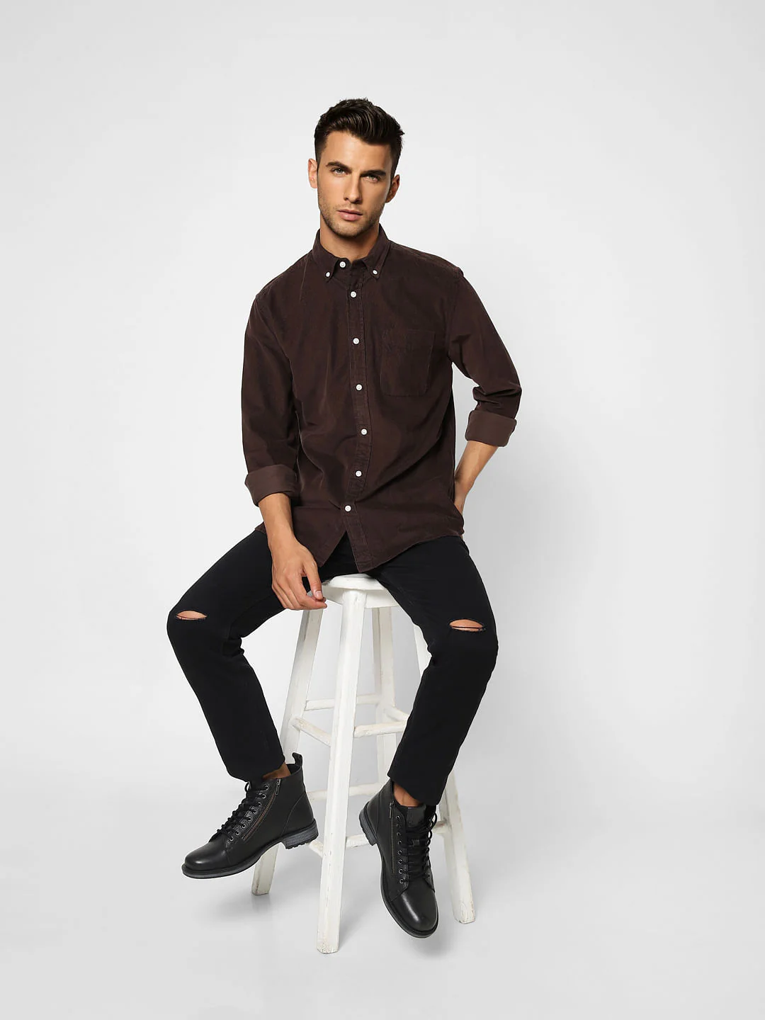 Deep Brown Corduroy Full Sleeves Shirt