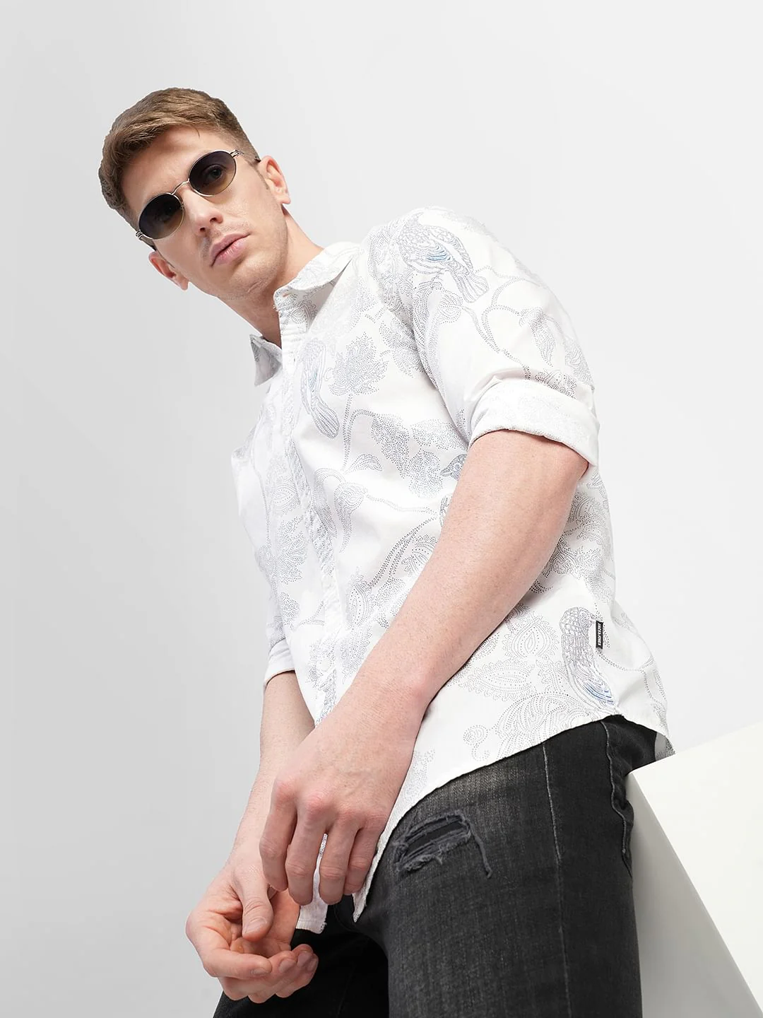 White Printed Full Sleeves Shirt
