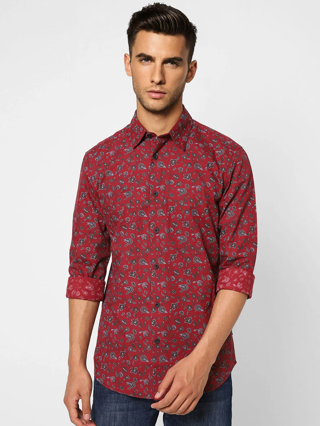 Red Floral Print Full Sleeves Shirt - Image 2