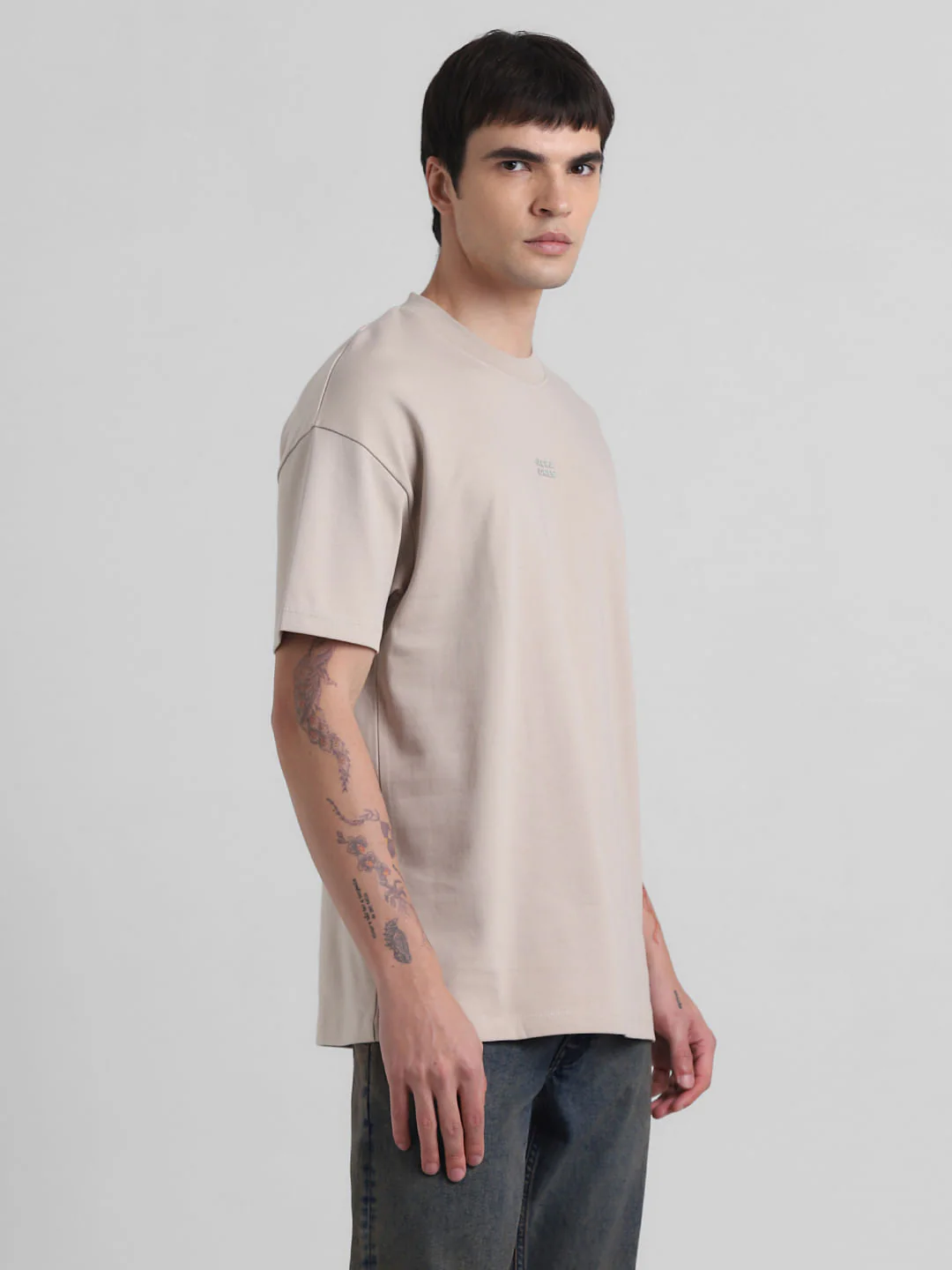 Beige Logo Text Oversized Crew Neck T-shirt - Image 3