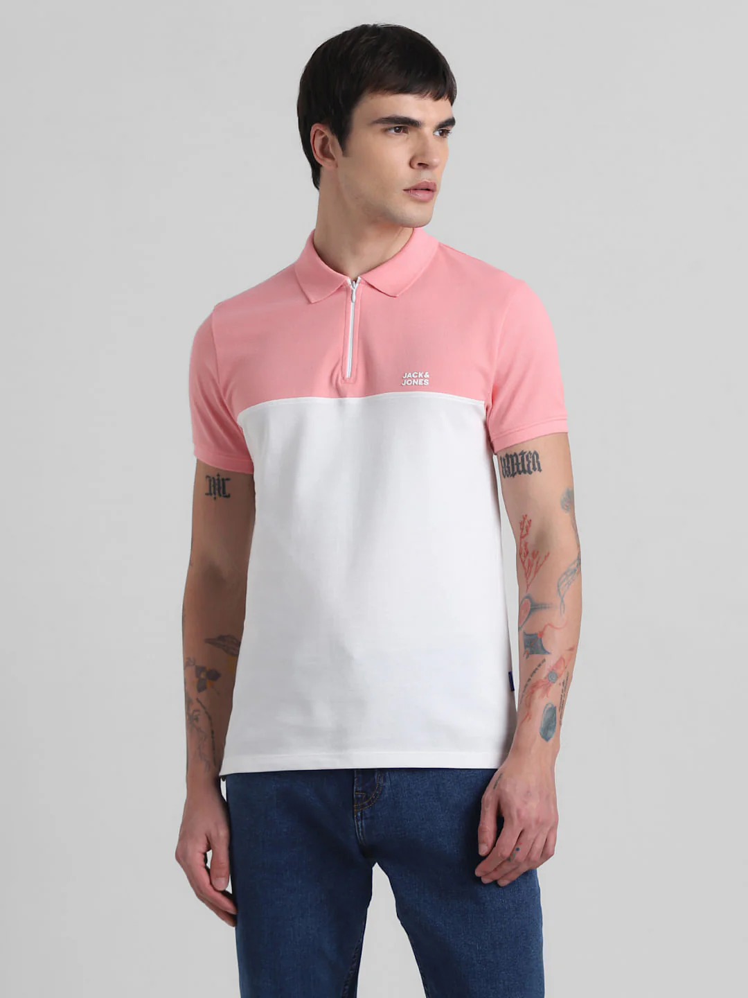 Pink Colourblocked Zip-Up Polo - Image 2