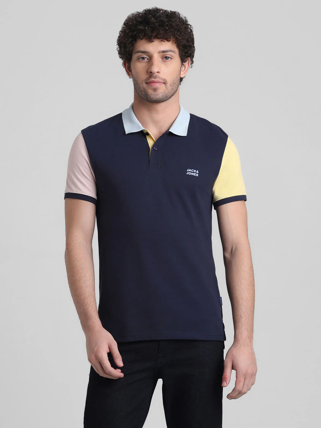 Navy Blue Cotton Colourblocked Polo - Image 2