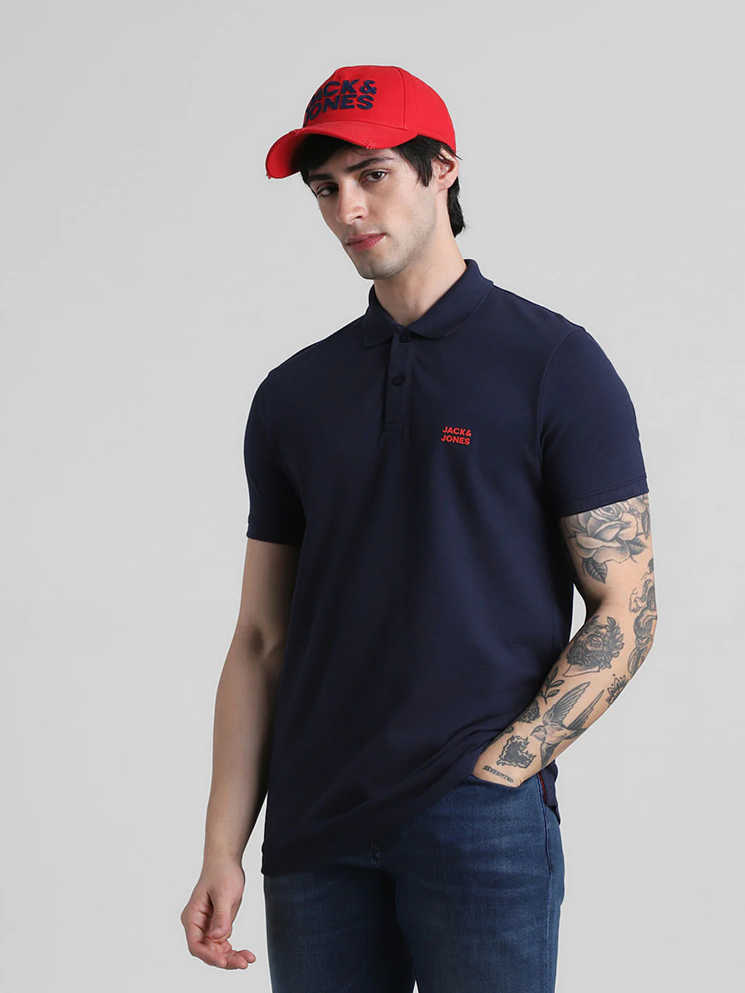 Navy Blue Logo Text Cotton Polo