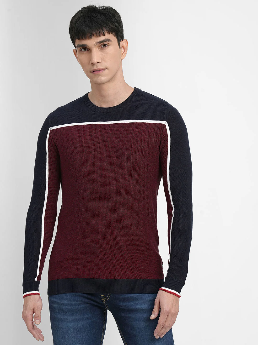 Dark Red Colourblocked Cotton Pullover - Image 2